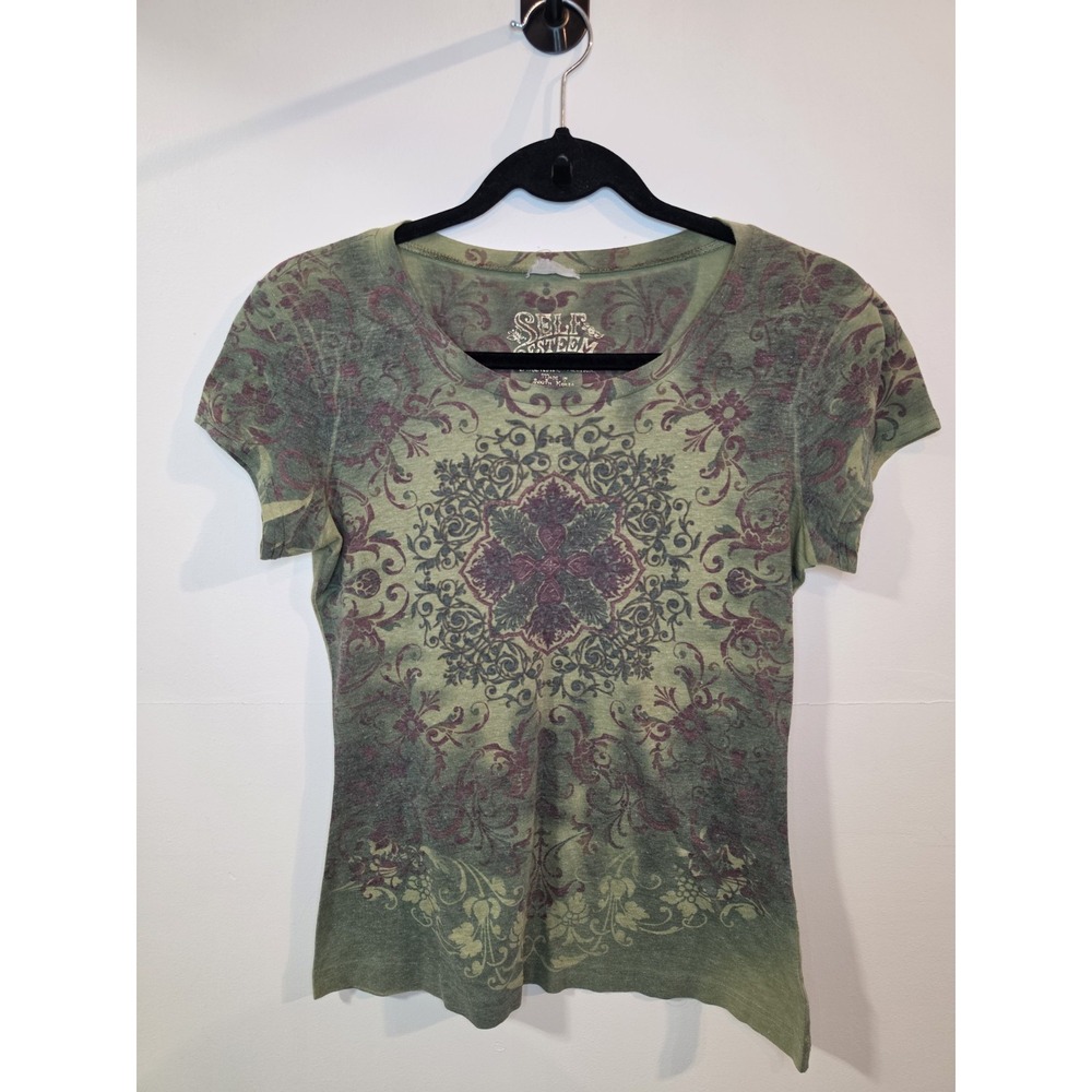 Vintage Y2K Self Esteem MD Boho Graphic T Shirt Olive Green Floral Scroll Ornate